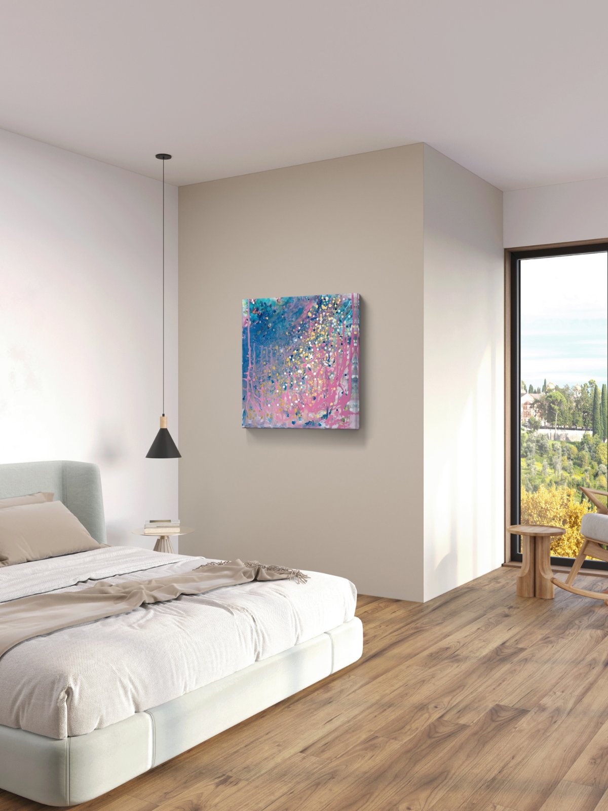 Romantic Dream original abstract seascape fluid acrylic painting with blue, pink, and gold tones by Diana Dimova TRAXI ART.