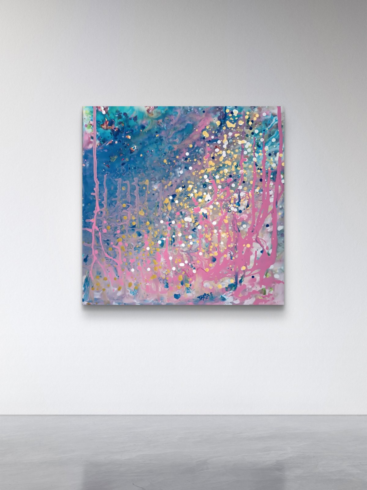 Romantic Dream original abstract seascape fluid acrylic painting with blue, pink, and gold tones by Diana Dimova TRAXI ART.