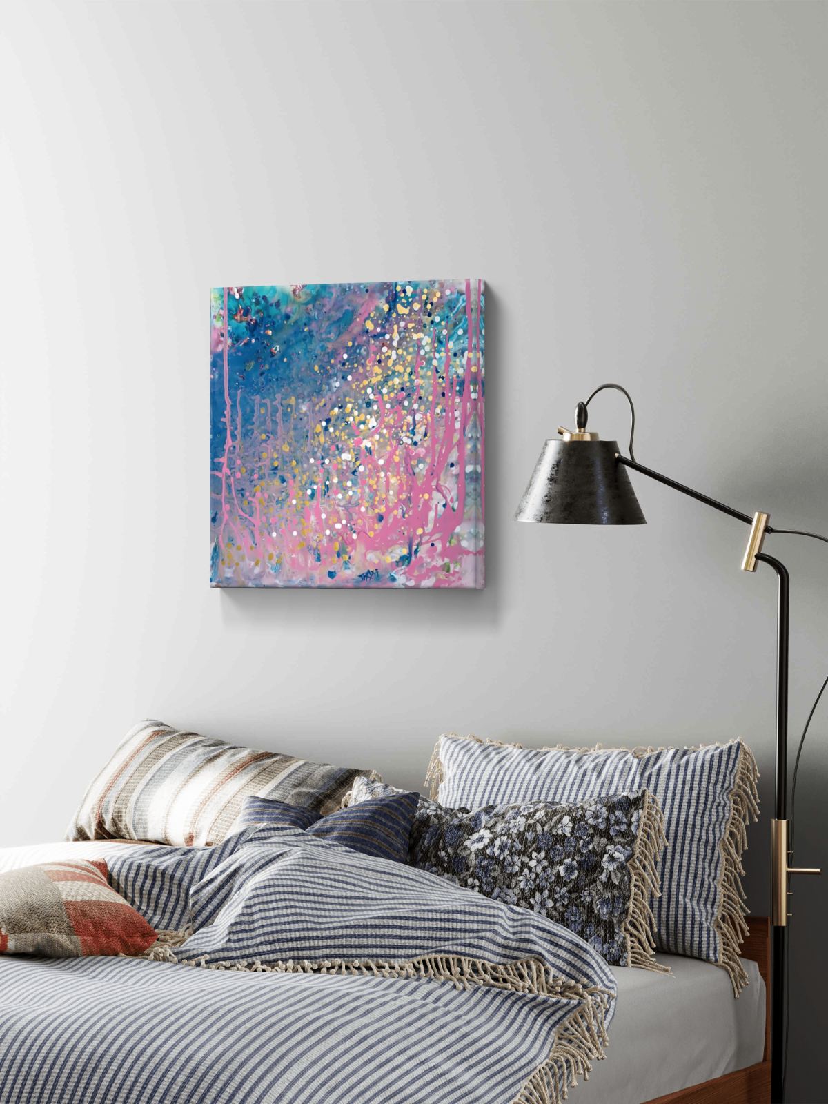 Romantic Dream original abstract seascape fluid acrylic painting with blue, pink, and gold tones by Diana Dimova TRAXI ART.
