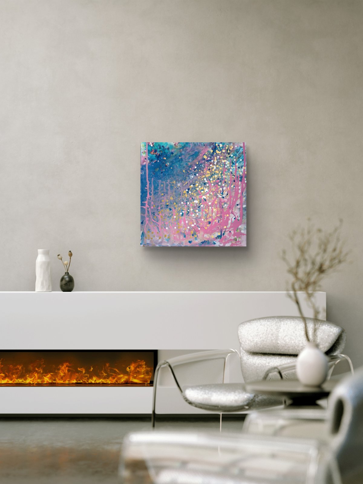 Romantic Dream original abstract seascape fluid acrylic painting with blue, pink, and gold tones by Diana Dimova TRAXI ART.