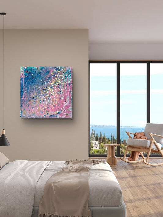 Romantic Dream limited edition square premium canvas print with blue, pink, and gold abstract ocean layers by Diana Dimova TRAXI ART.