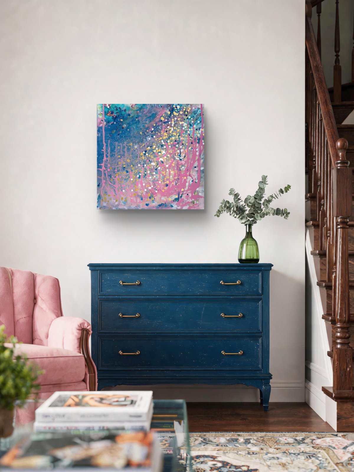 Romantic Dream original abstract seascape fluid acrylic painting with blue, pink, and gold tones by Diana Dimova TRAXI ART.