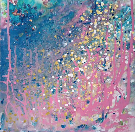 Romantic Dream original abstract seascape fluid acrylic painting with blue, pink, and gold tones by Diana Dimova TRAXI ART.