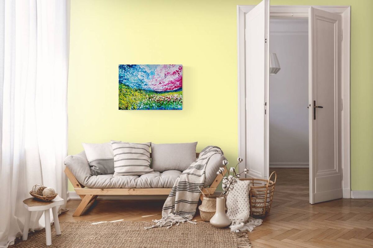 Sky and Field original romantic pink and blue abstract nature landscape painting with yellow and green accents by Diana Dimova TRAXI ART.
