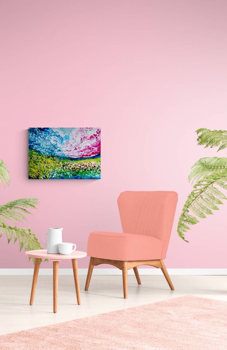 Sky and Field limited edition premium horizontal canvas print with romantic pink and blue abstract landscape tones by Diana Dimova TRAXI ART.