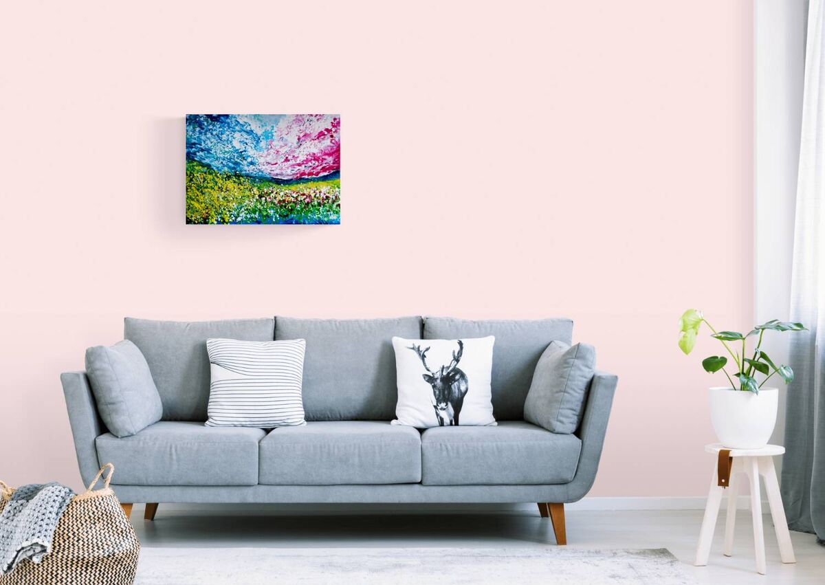 Sky and Field original romantic pink and blue abstract nature landscape painting with yellow and green accents by Diana Dimova TRAXI ART.