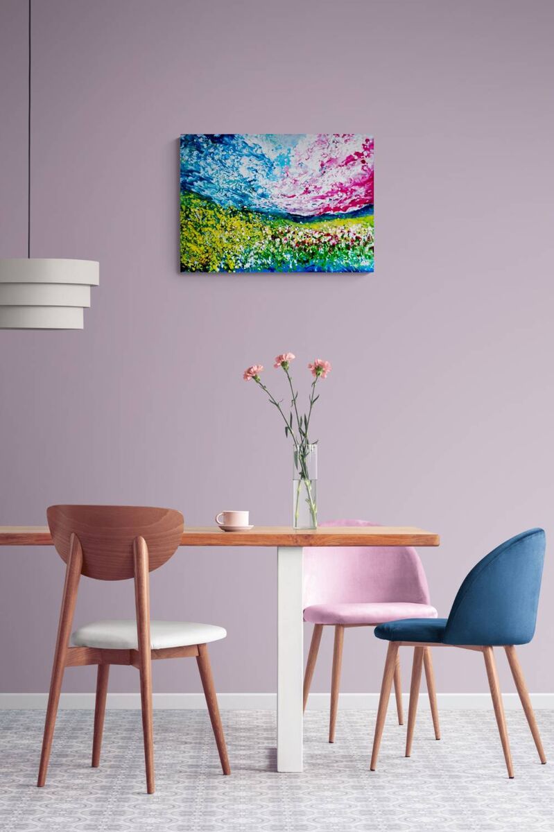 Sky and Field original romantic pink and blue abstract nature landscape painting with yellow and green accents by Diana Dimova TRAXI ART.