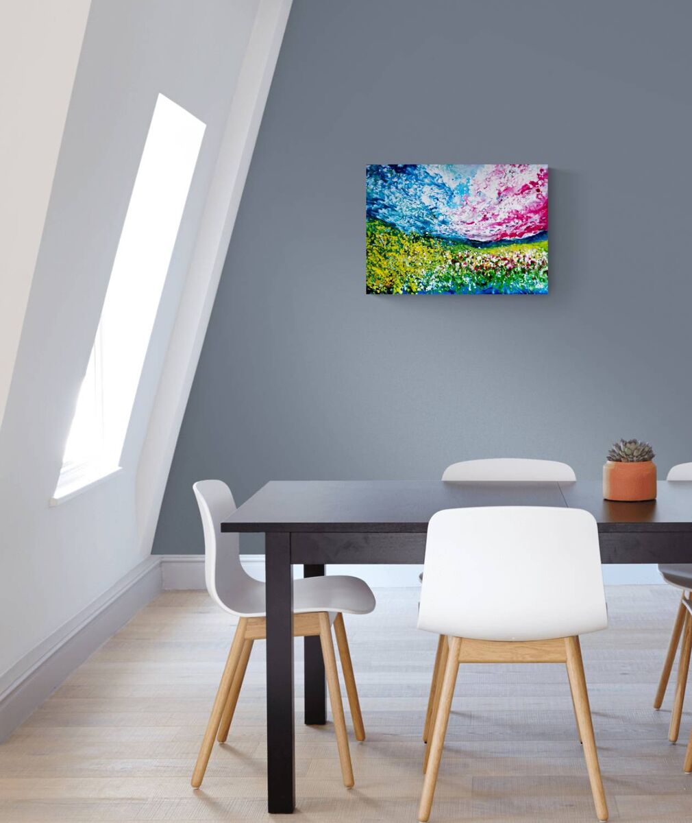 Sky and Field original romantic pink and blue abstract nature landscape painting with yellow and green accents by Diana Dimova TRAXI ART.