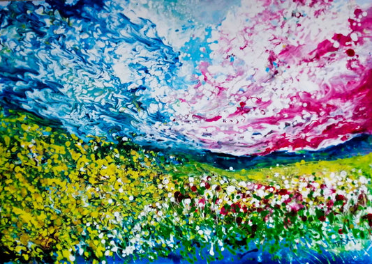 Sky and Field original romantic pink and blue abstract nature landscape painting with yellow and green accents by Diana Dimova TRAXI ART.