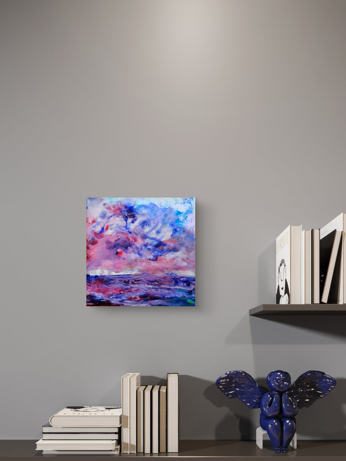 Waves original small abstract seascape acrylic painting in soft pink, purple, and blue tones by Diana Dimova TRAXI ART.