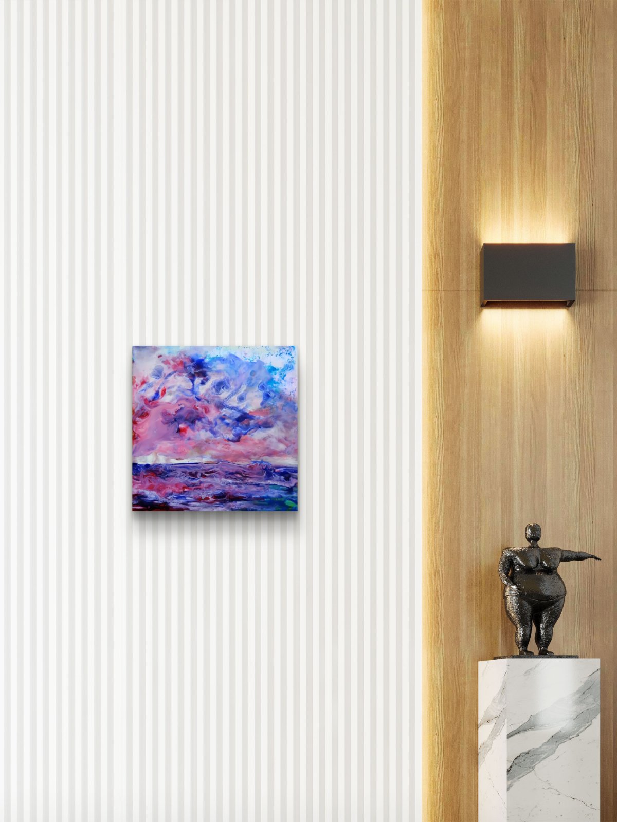 Waves original small abstract seascape acrylic painting in soft pink, purple, and blue tones by Diana Dimova TRAXI ART.