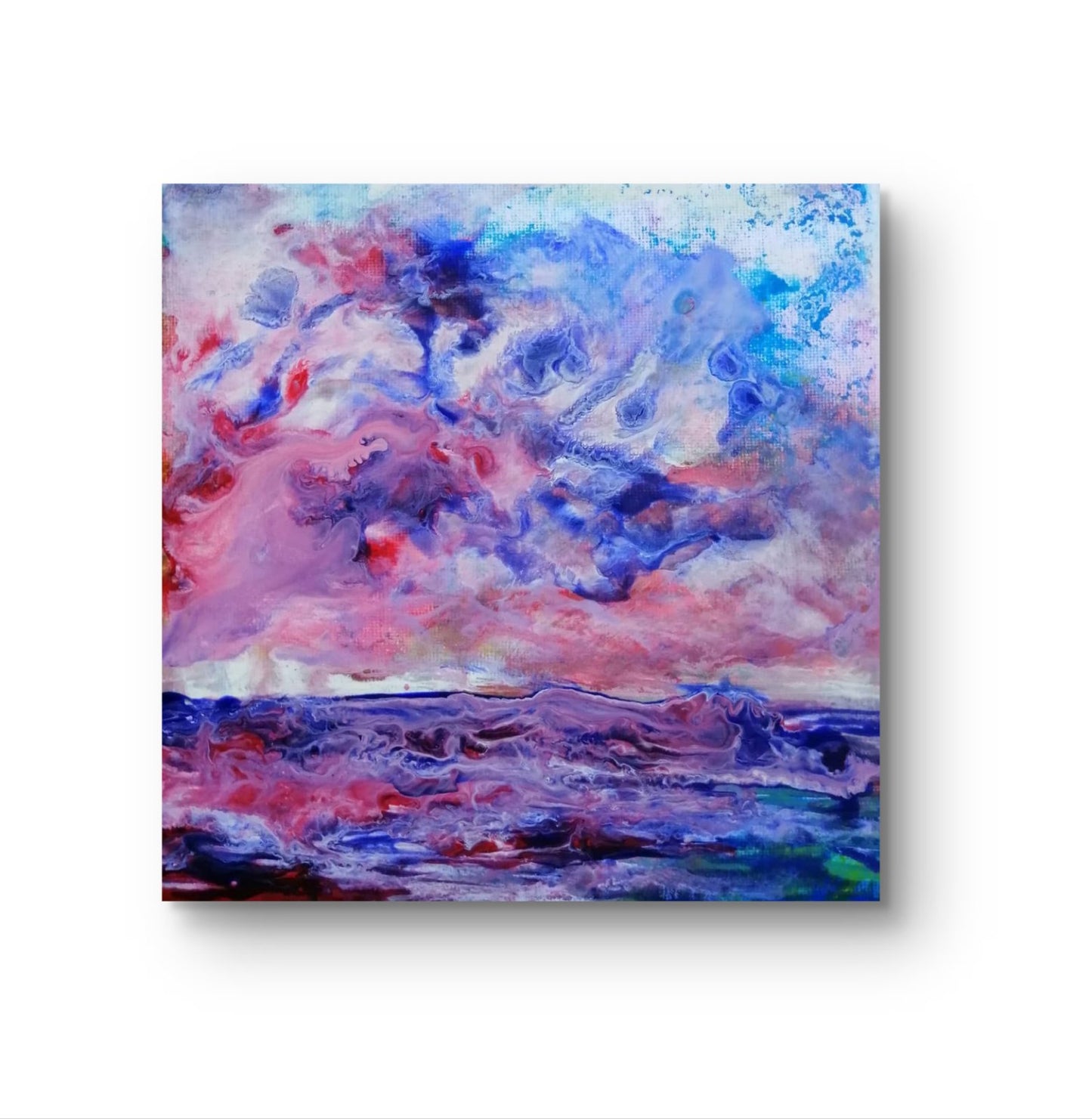 Waves original small abstract seascape acrylic painting in soft pink, purple, and blue tones by Diana Dimova TRAXI ART.