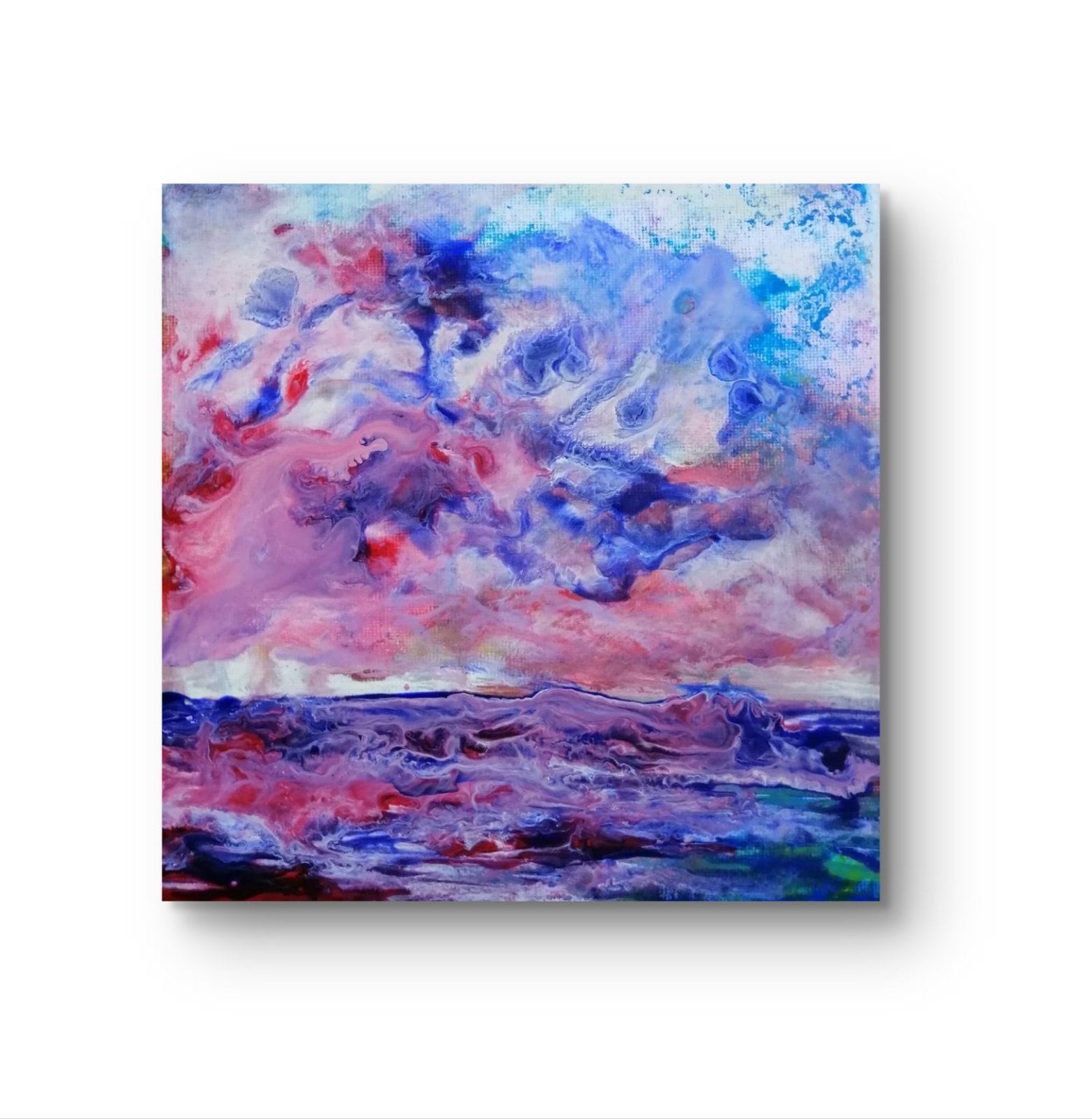 Waves original small abstract seascape acrylic painting in soft pink, purple, and blue tones by Diana Dimova TRAXI ART.