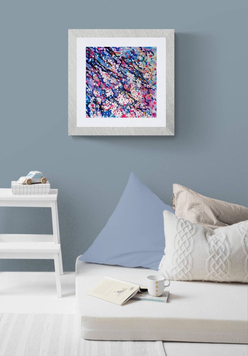 Spring Color Sakura Blossoms original pointillist fluid acrylic painting with soft pink, white, and blue tones representing spring rebirth by Diana Dimova TRAXI ART.