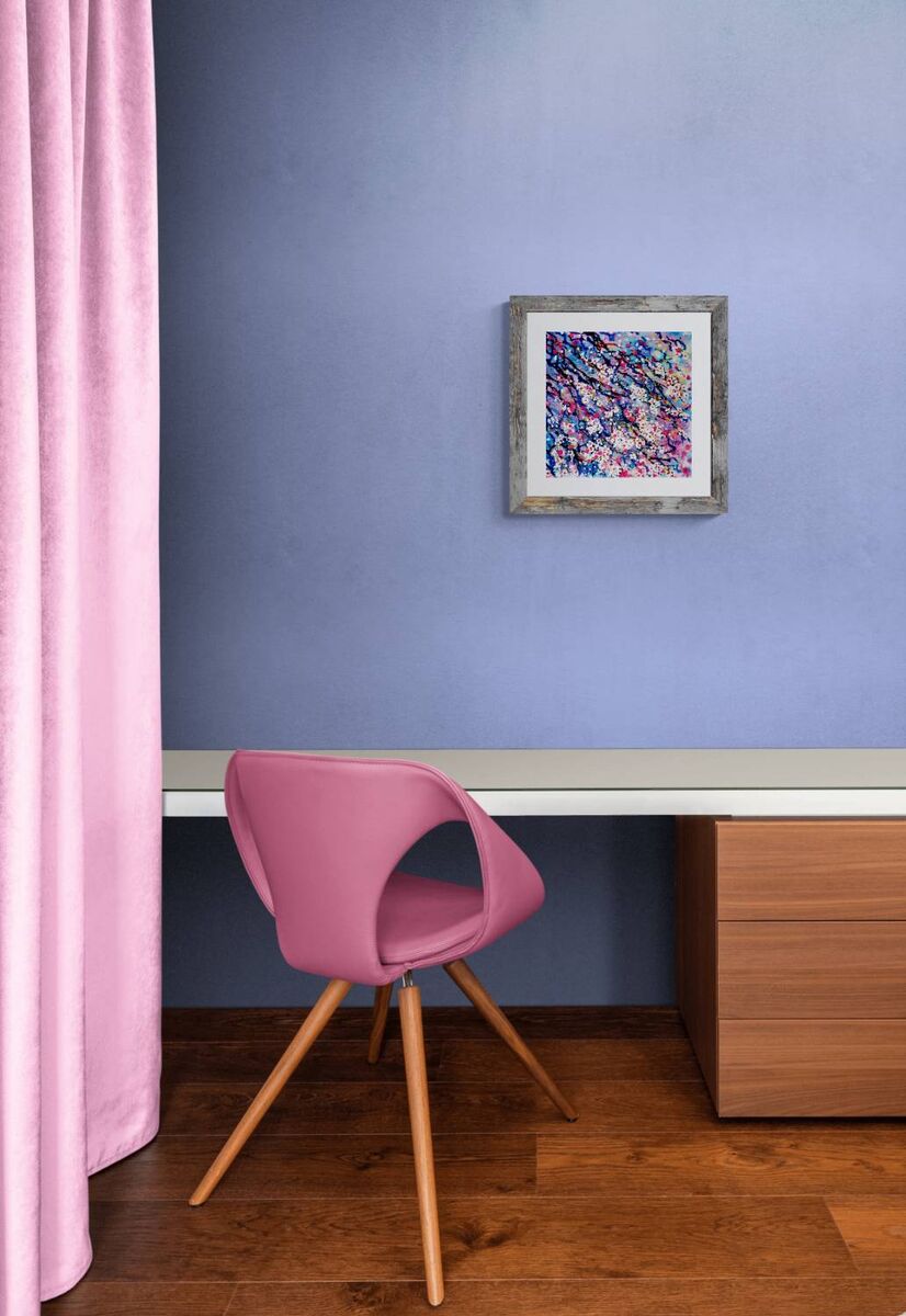 Spring Color Sakura Blossoms original pointillist fluid acrylic painting with soft pink, white, and blue tones representing spring rebirth by Diana Dimova TRAXI ART.