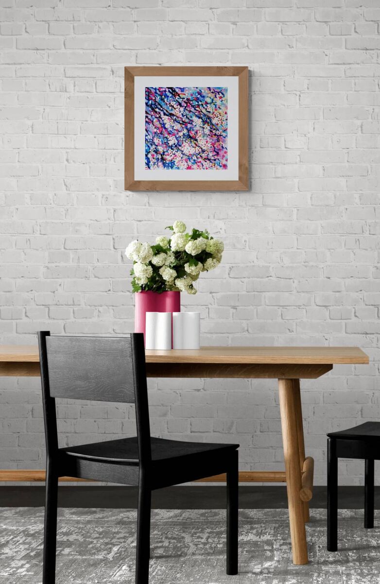 Spring Color Sakura Blossoms original pointillist fluid acrylic painting with soft pink, white, and blue tones representing spring rebirth by Diana Dimova TRAXI ART.