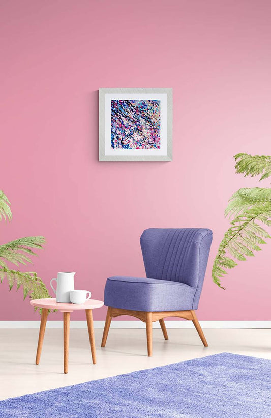 Spring Color Sakura Blossoms limited edition premium square canvas print with soft pink, white, and blue pointillist tones by Diana Dimova TRAXI ART.
