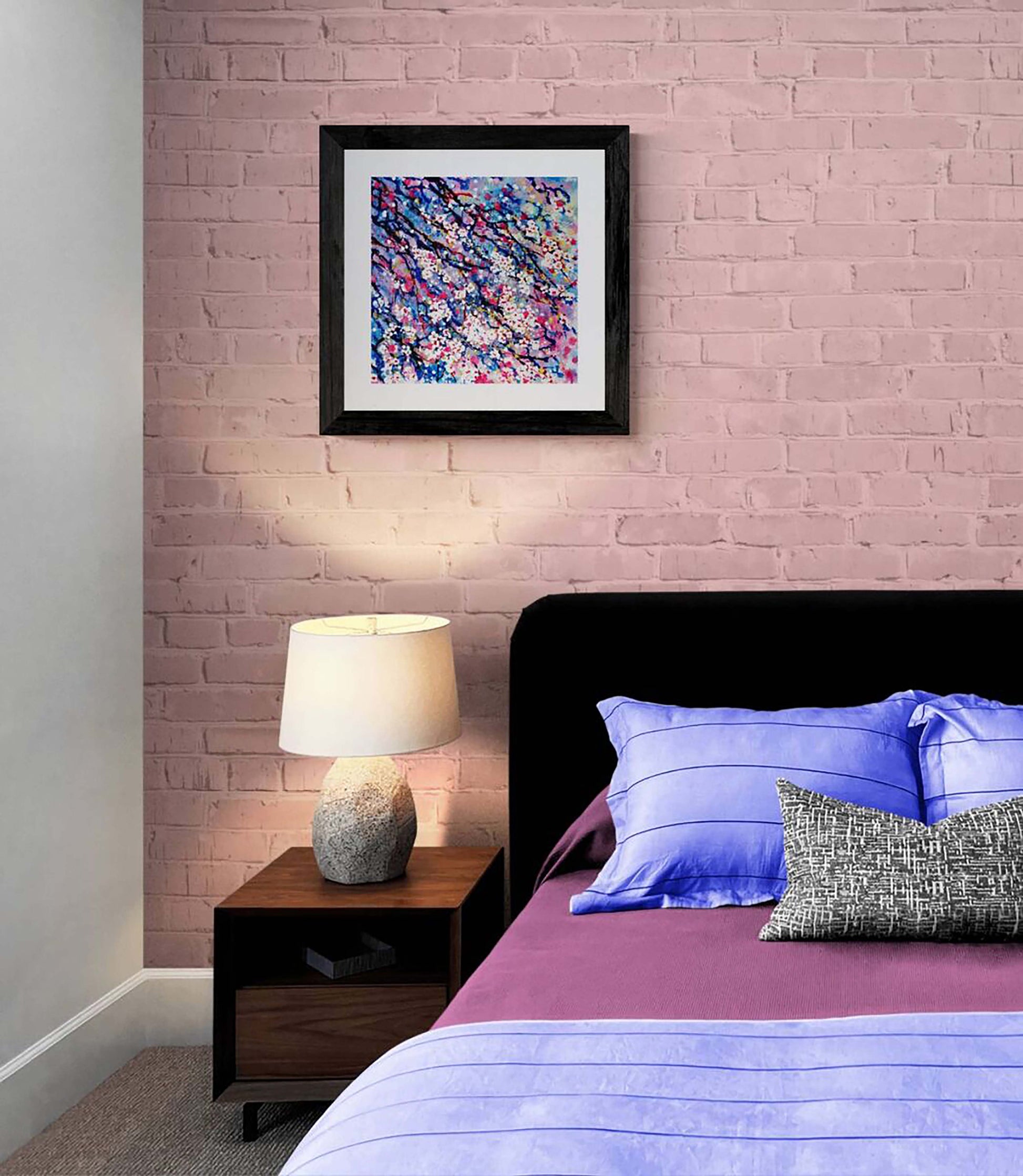Spring Color Sakura Blossoms original pointillist fluid acrylic painting with soft pink, white, and blue tones representing spring rebirth by Diana Dimova TRAXI ART.