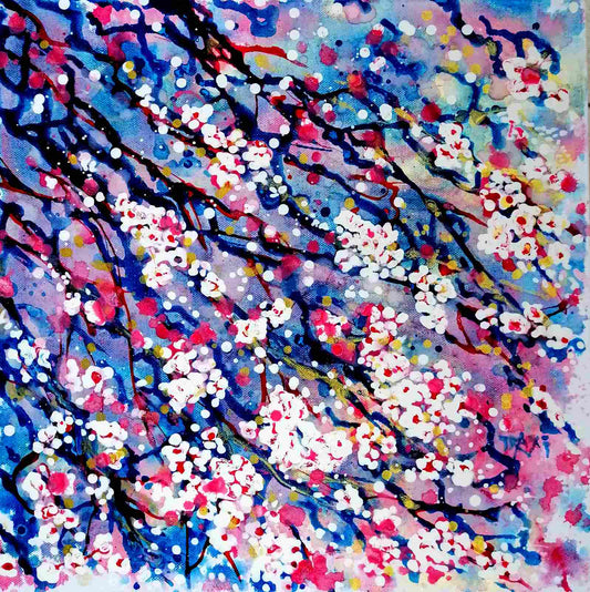 Spring Color Sakura Blossoms original pointillist fluid acrylic painting with soft pink, white, and blue tones representing spring rebirth by Diana Dimova TRAXI ART.
