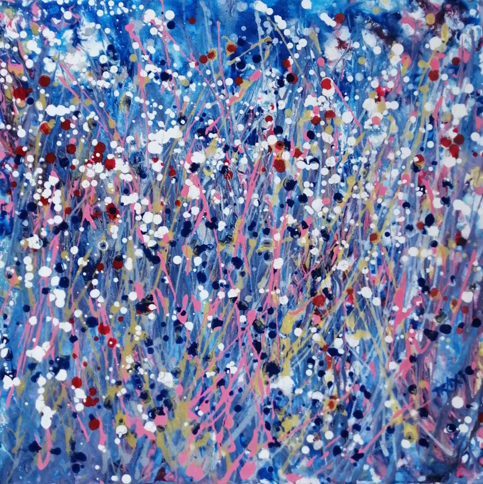Starlight in the Grass original abstract square painting with calm blue, soft pink, and silver starlight tones by Diana Dimova TRAXI ART. Abstract painting with expressive vertical and horizontal brushstrokes and splatters in blue, pink, white, red, yellow, and dark navy tones.