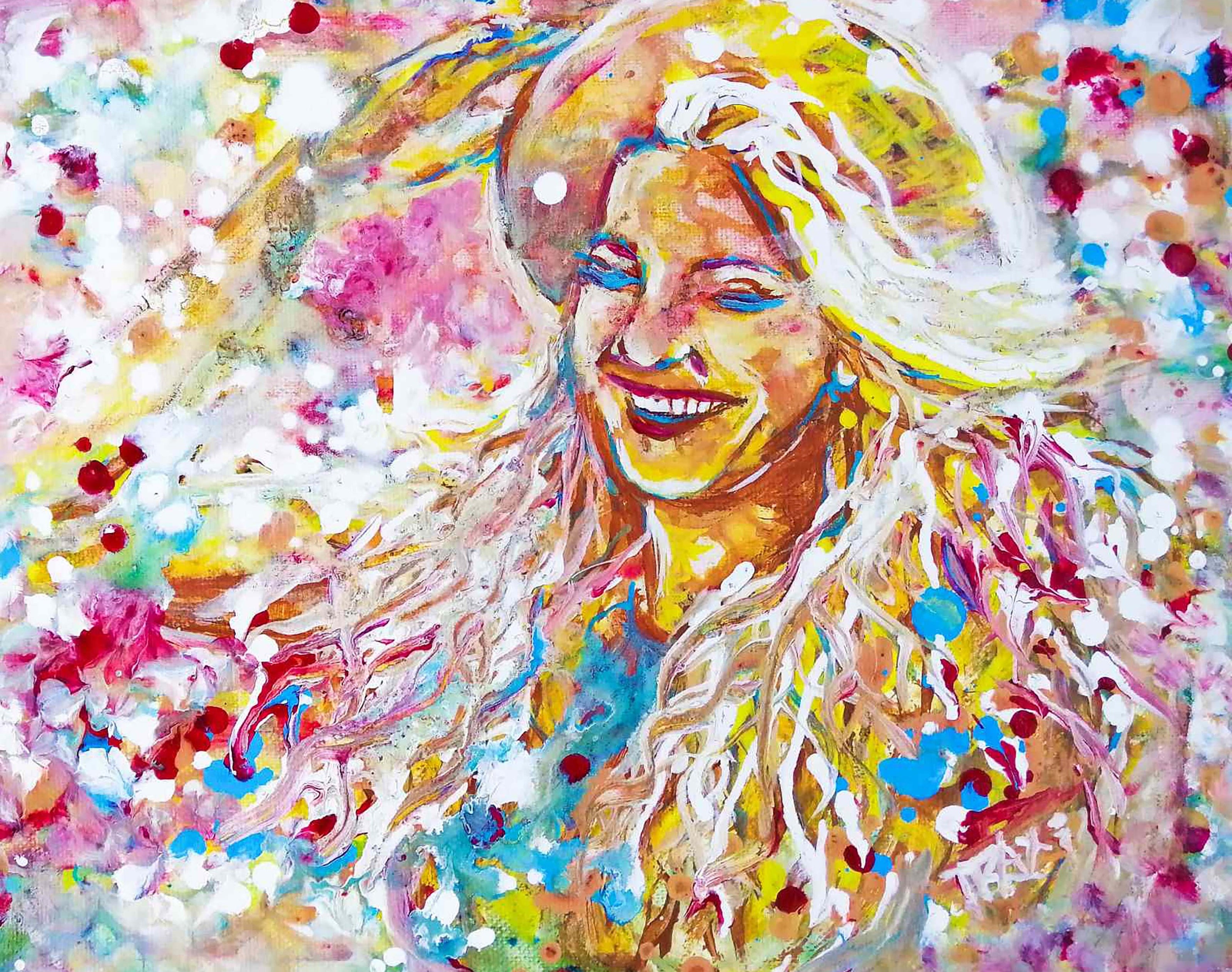 Vibrant abstract portrait painting of a smiling woman with flowing blonde hair, rendered in expressive brushstrokes and paint splatters of yellow, pink, blue, red, white, and purple. Sun in the Hair original abstract feminine portrait fluid acrylic painting depicting a smiling woman in a straw hat with pink and yellow summer light by Diana Dimova TRAXI ART.