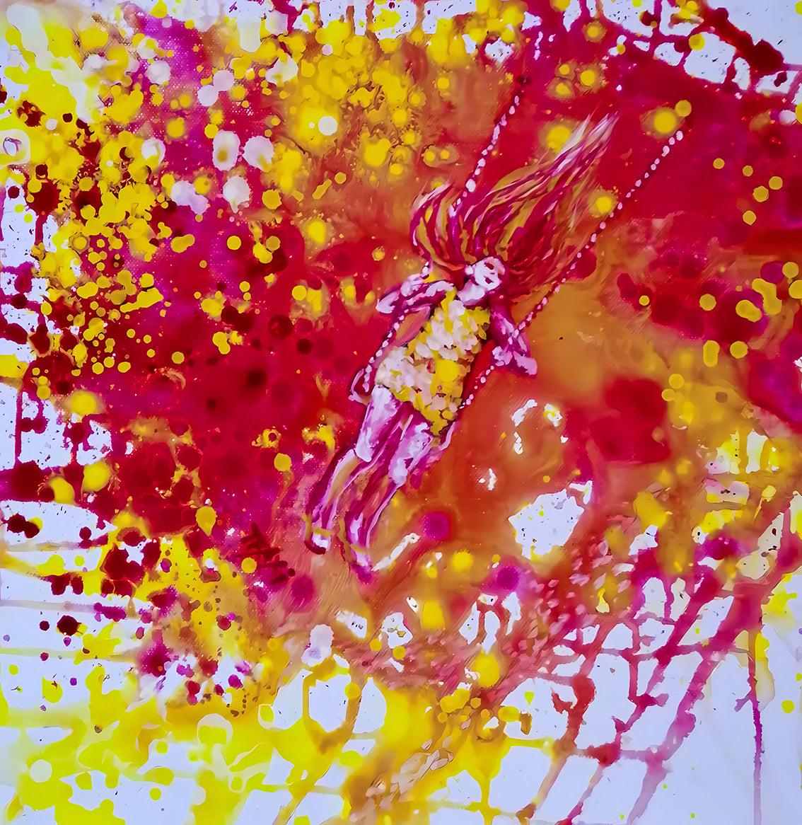 Sunshine Swing original fluid acrylic abstract painting by Diana Dimova TRAXI ART. Finalist Award winner 2022. Abstract art print featuring a stylized figure suspended from chains, surrounded by vibrant splatters and drips of yellow, magenta pink, and red on a white background.