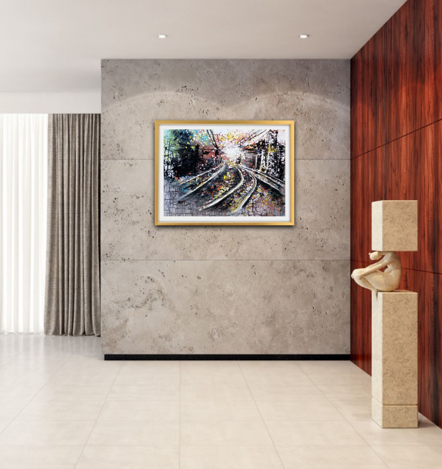 A framed colorful oil painting depicting a scenic railway track through a village, displayed on a textured gray wall in a modern interior room with a wooden panel wall and a decorative stone  The Call of the Rails original abstract urban landscape fluid acrylic painting with minimalist black, brown, and white tones representing railway lines by Diana Dimova TRAXI ART.sculpture.