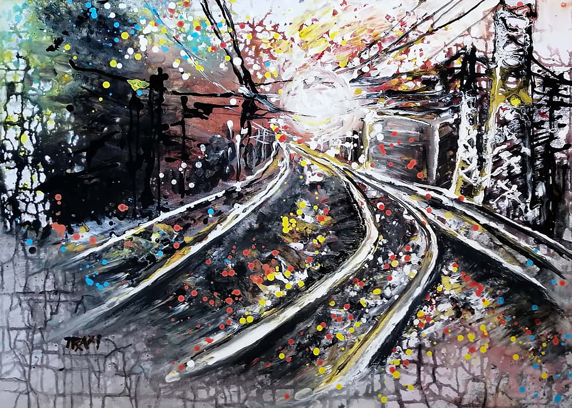 Abstract expressionist painting of railway tracks curving through a forest, rendered in expressive black, white, gray, and brown brushstrokes with splashes of yellow, red, and blue. The Call of the Rails original abstract urban landscape fluid acrylic painting with minimalist black, brown, and white tones representing railway lines by Diana Dimova TRAXI ART.
