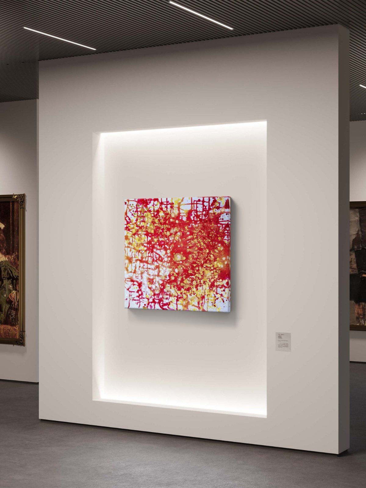 The Eye of Dawn original acrylic pouring abstract painting in red and gold by Diana Dimova TRAXI ART. Multi-award-winning 2022 artwork. Abstract canvas wall art featuring a vibrant red, yellow, and white paint splatter pattern, displayed in a gallery setting on an illuminated white wall.