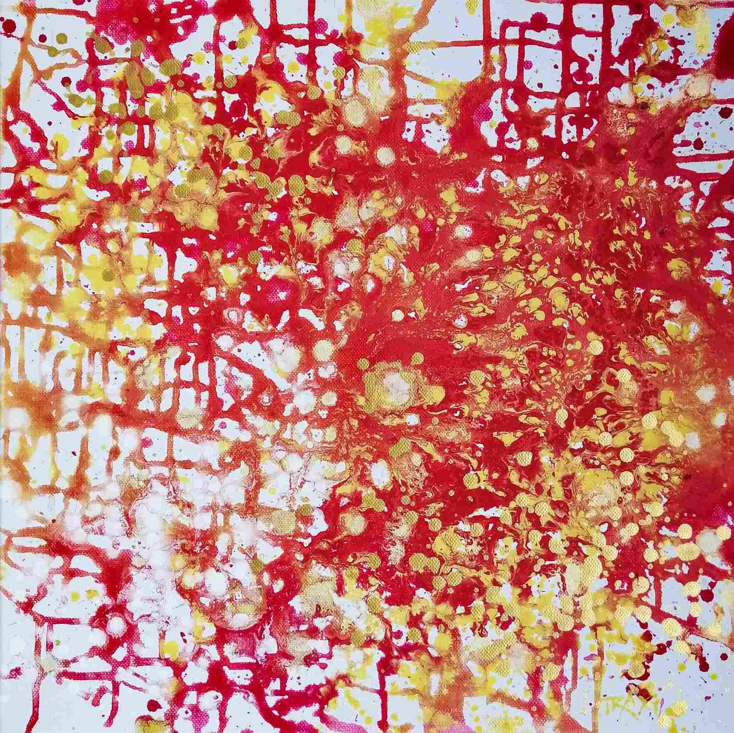 The Eye of Dawn original acrylic pouring abstract painting in red and gold by Diana Dimova TRAXI ART. Multi-award-winning 2022 artwork. Abstract art with red, yellow, and white colors on a textured surface