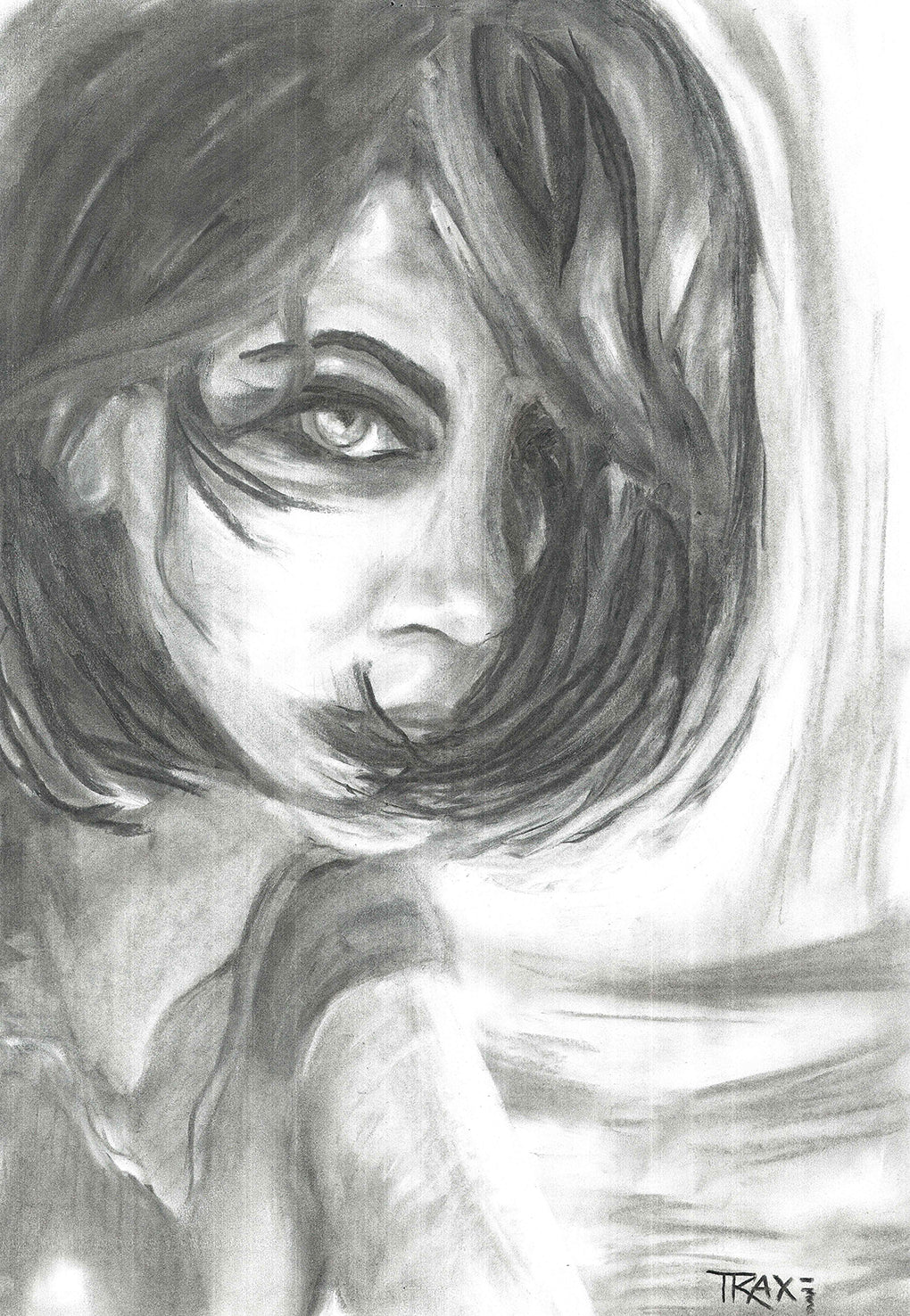 A black and white pencil sketch portrait of a woman with dark hair and a piercing eye, signed TRAXJ in the bottom right corner. The Gaze Says It All original monochromatic charcoal portrait of a woman looking directly forward with a fearless gaze by Diana Dimova TRAXI ART.