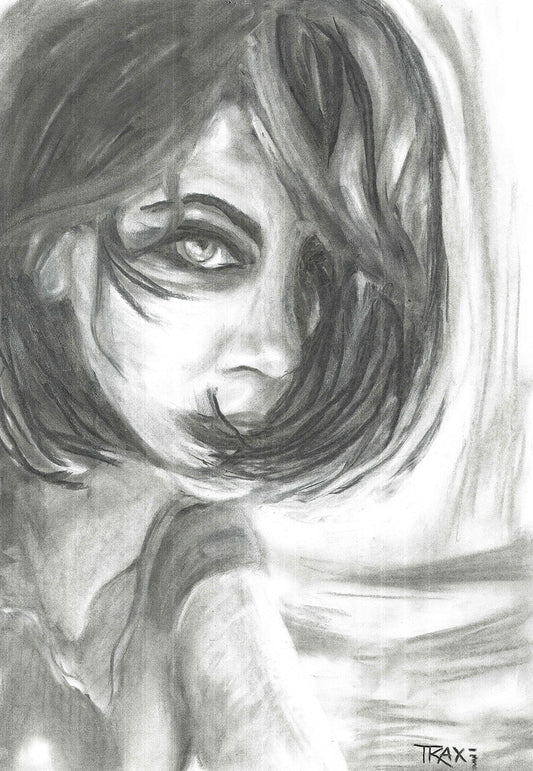 A black and white pencil sketch portrait of a woman with dark hair and a piercing eye, signed TRAXJ in the bottom right corner. The Gaze Says It All original monochromatic charcoal portrait of a woman looking directly forward with a fearless gaze by Diana Dimova TRAXI ART.