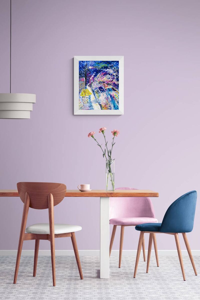 Together We Walk original romantic night city abstract fluid acrylic painting with soft blue, pink, and yellow light tones by Diana Dimova TRAXI ART. A colorful abstract framed wall art print hangs on a lavender purple dining room wall above a wooden table with chairs.