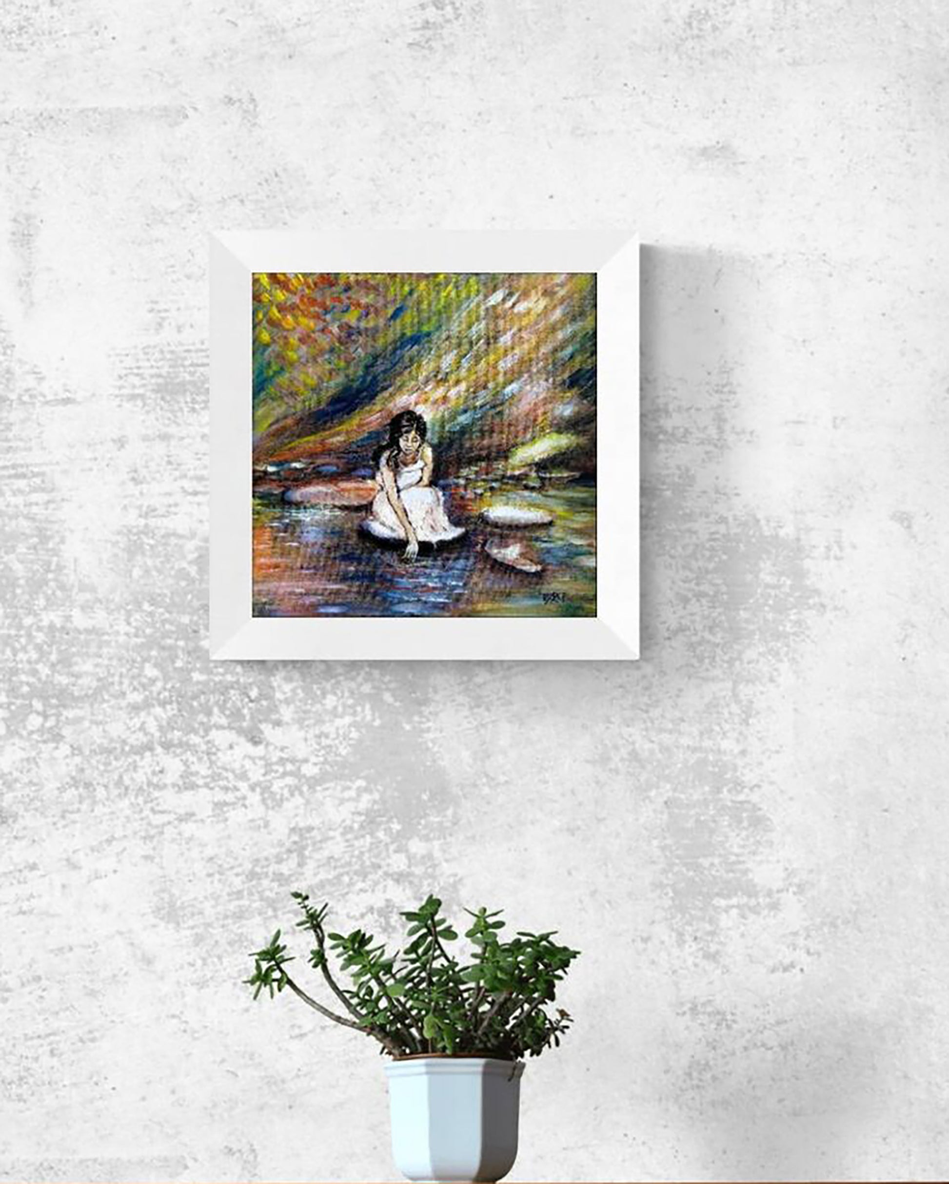 White Dress Woman by the River original impressionist oil painting with warm orange, brown, and blue tones by Diana Dimova TRAXI ART.