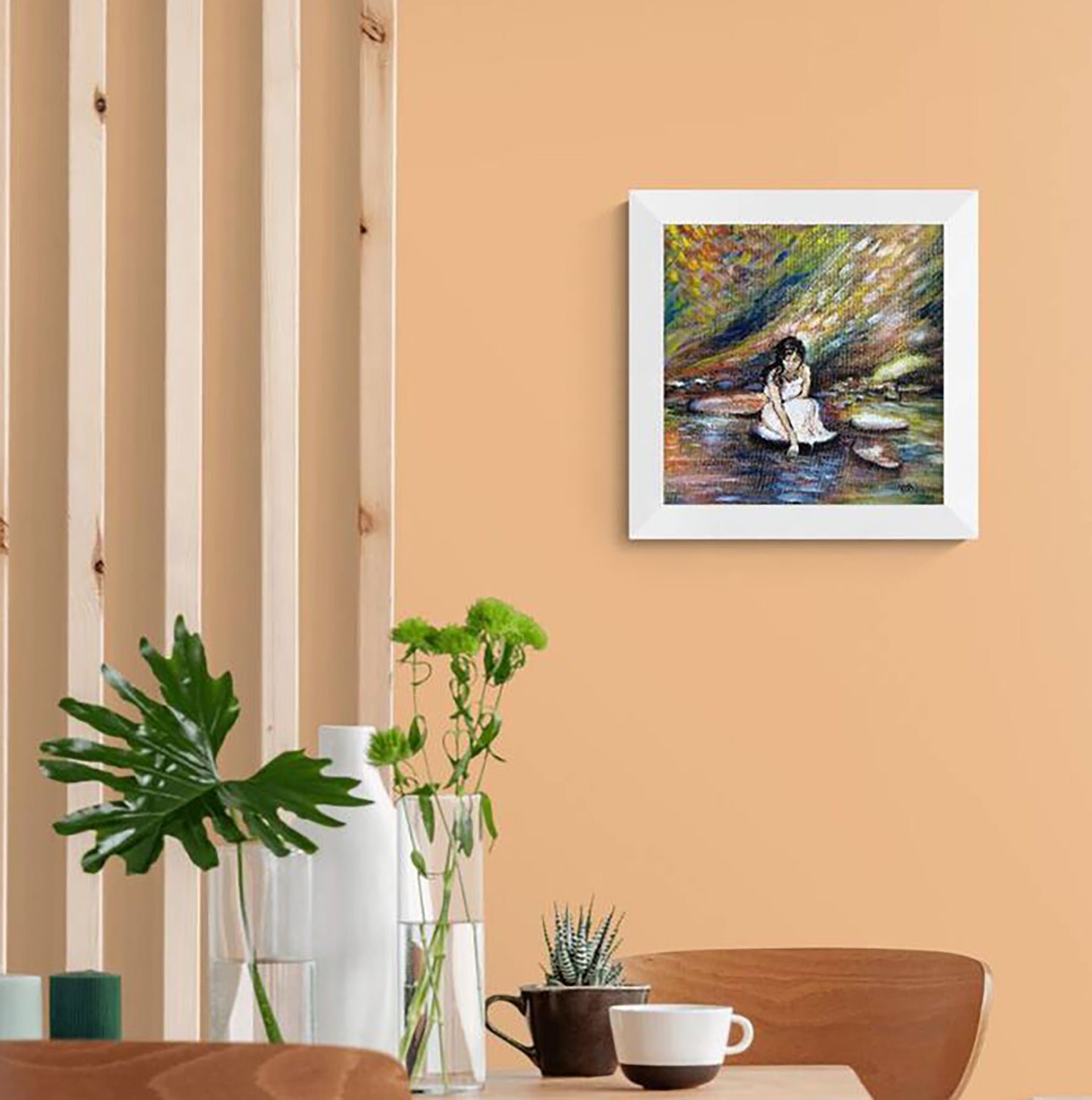 White Dress Woman by the River original impressionist oil painting with warm orange, brown, and blue tones by Diana Dimova TRAXI ART.