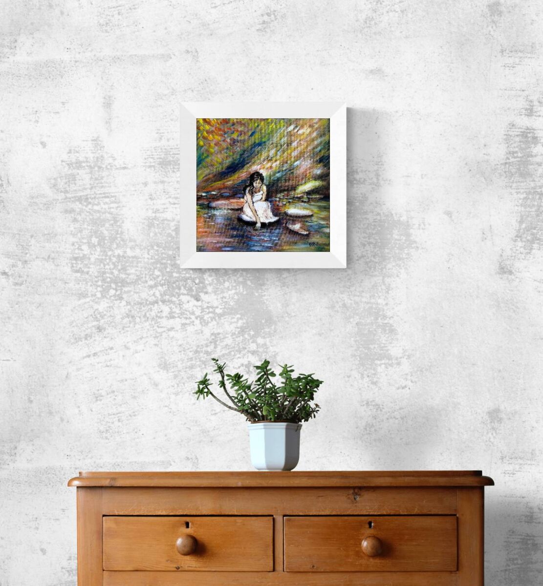 White Dress Woman by the River original impressionist oil painting with warm orange, brown, and blue tones by Diana Dimova TRAXI ART.