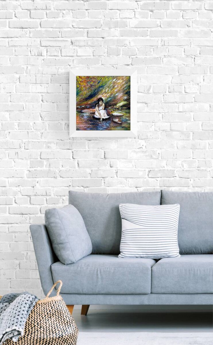 White Dress Woman by the River original impressionist oil painting with warm orange, brown, and blue tones by Diana Dimova TRAXI ART.