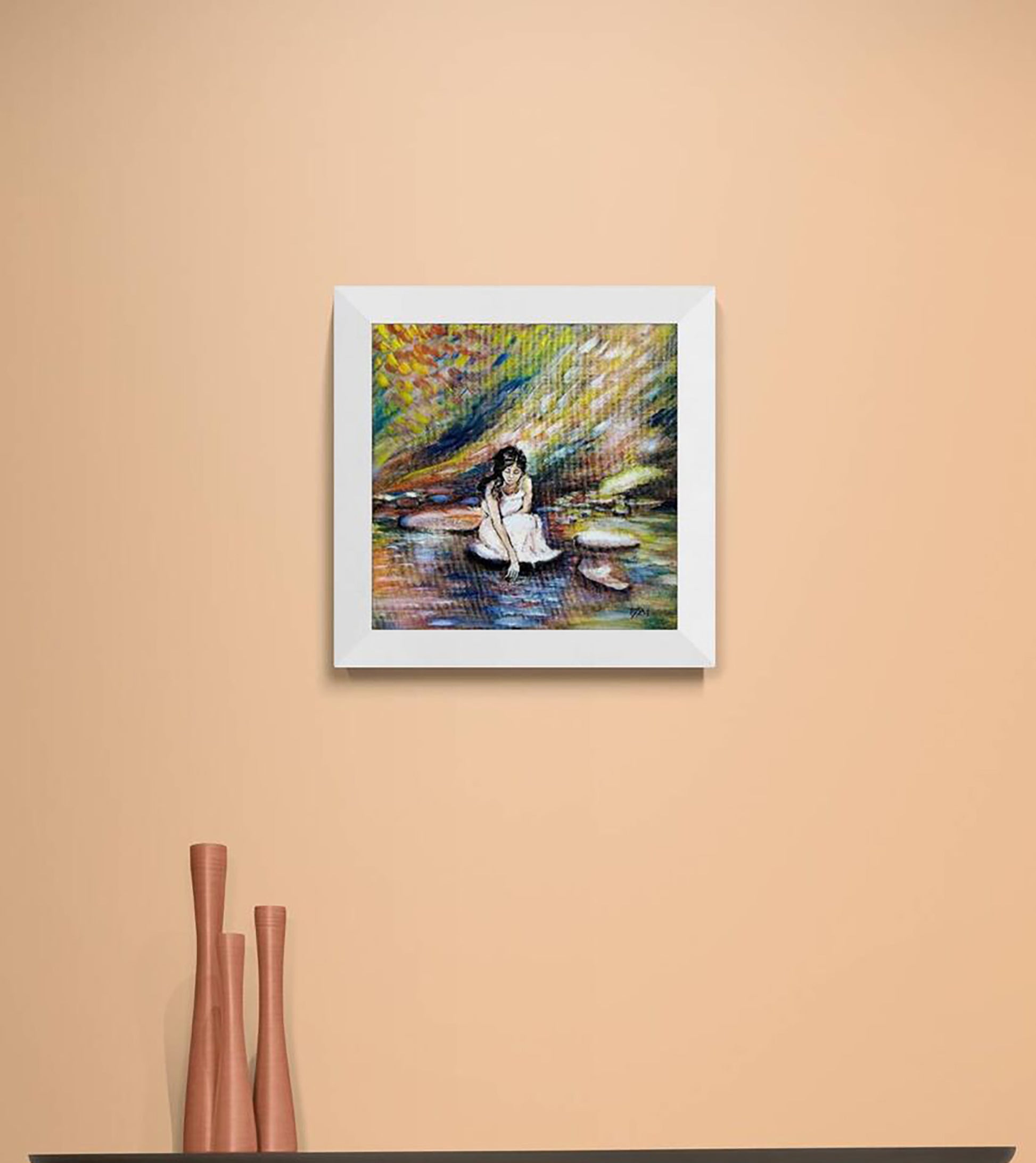 White Dress Woman by the River original impressionist oil painting with warm orange, brown, and blue tones by Diana Dimova TRAXI ART.