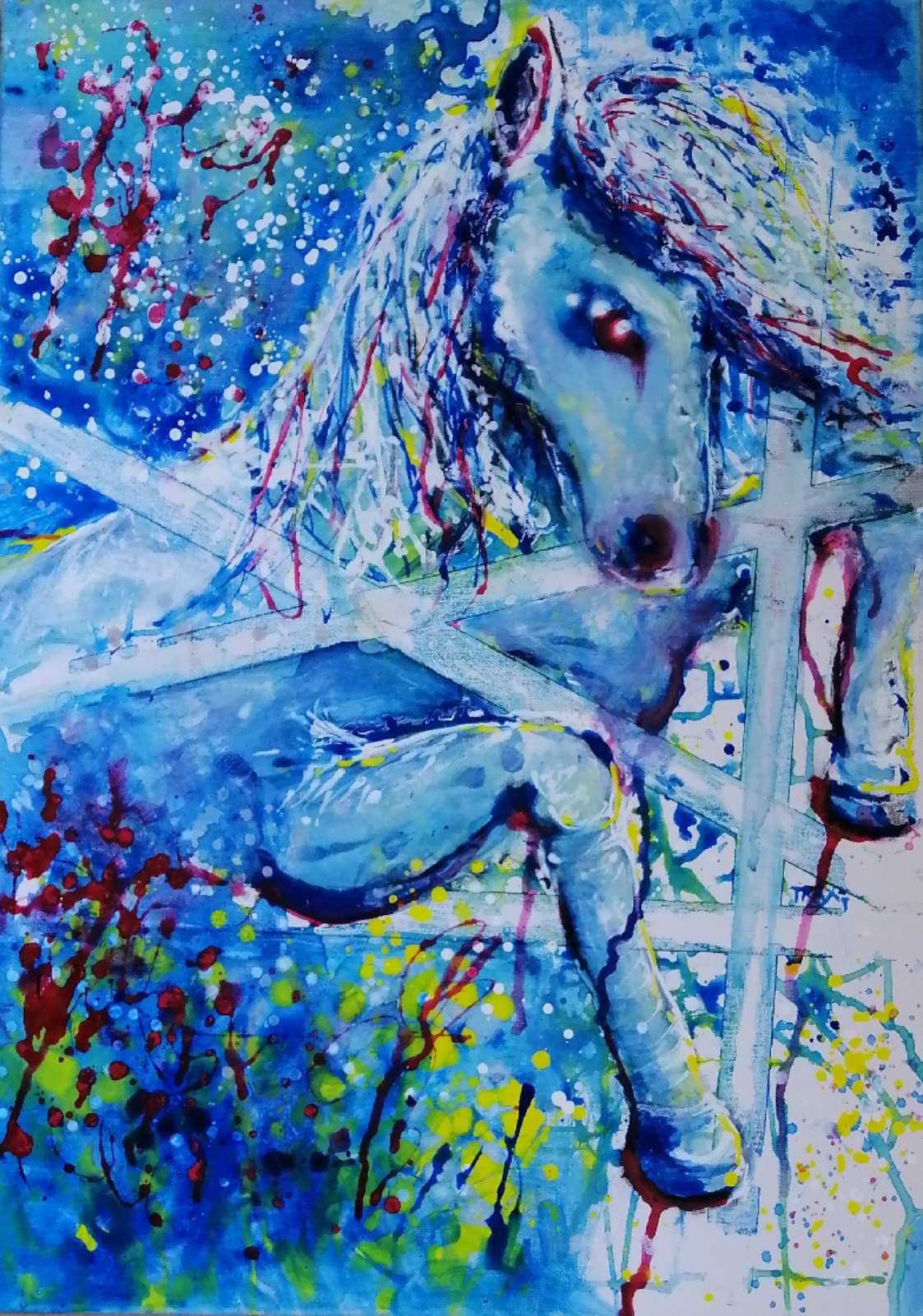 An expressive, colorful painting of a horse on a wooden fence, rendered in vibrant blues with splashes of red, yellow, white, and black. White Horse and Blue Freedom original symbolic fluid acrylic painting with deep blue, white, and red accents by Diana Dimova TRAXI ART.