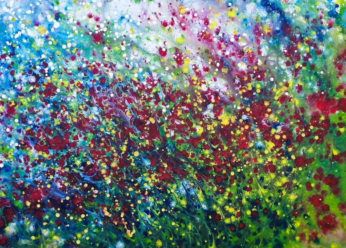Wild Poppies Field original abstract landscape fluid acrylic painting with vibrant red flowers and green meadow tones by Diana Dimova TRAXI ART.