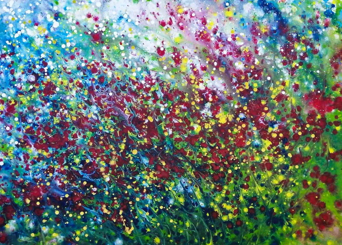 Wild Poppies Field original abstract landscape fluid acrylic painting with vibrant red flowers and green meadow tones by Diana Dimova TRAXI ART.