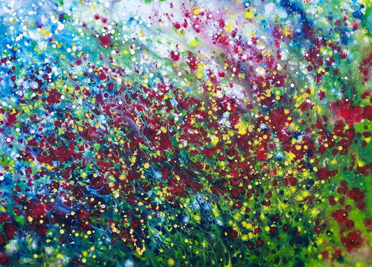 Wild Poppies Field original abstract landscape fluid acrylic painting with vibrant red flowers and green meadow tones by Diana Dimova TRAXI ART.