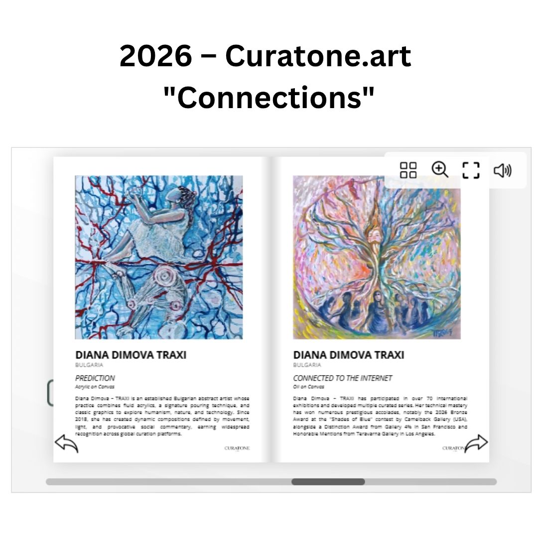 Curatone art exhibition catalog featuring contemporary abstract artist Diana Dimova TRAXI from Bulgaria with her artworks Prediction and Connected to the Internet.