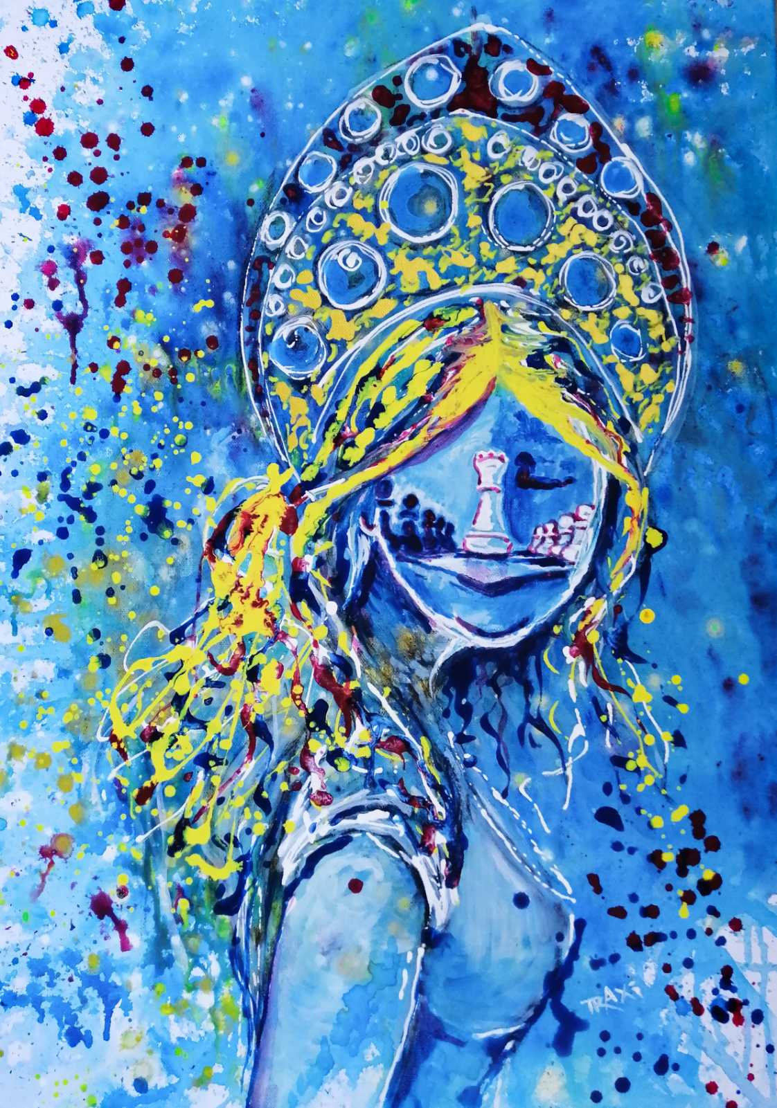 Original spiritual abstract painting titled White Queen’s Move by Diana Dimova TRAXI, featuring a cosmic goddess and chess symbolism in luminous blue and white tones. Colorful abstract painting of a figure with a blue background