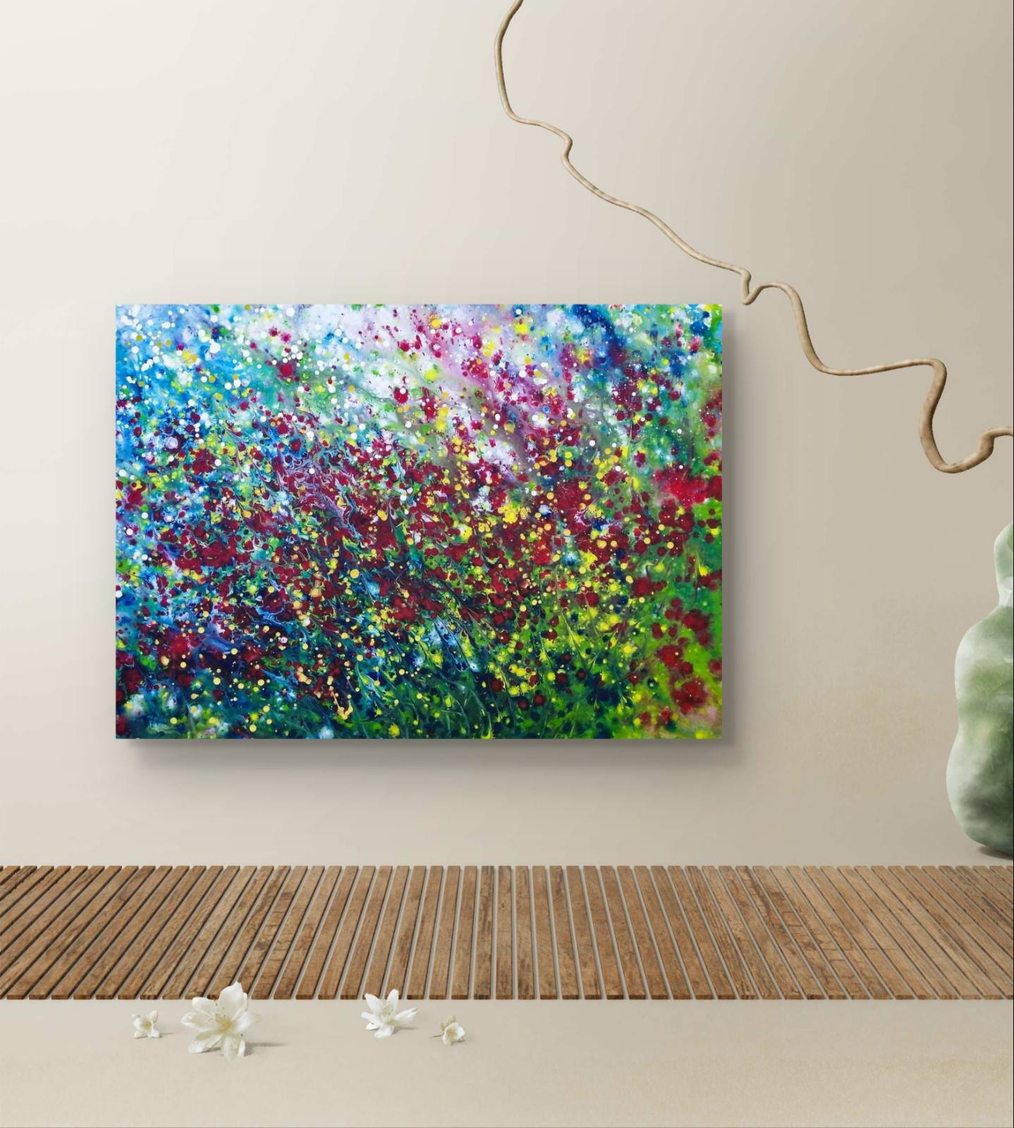 Wild Poppies Field original abstract landscape fluid acrylic painting with vibrant red flowers and green meadow tones by Diana Dimova TRAXI ART.