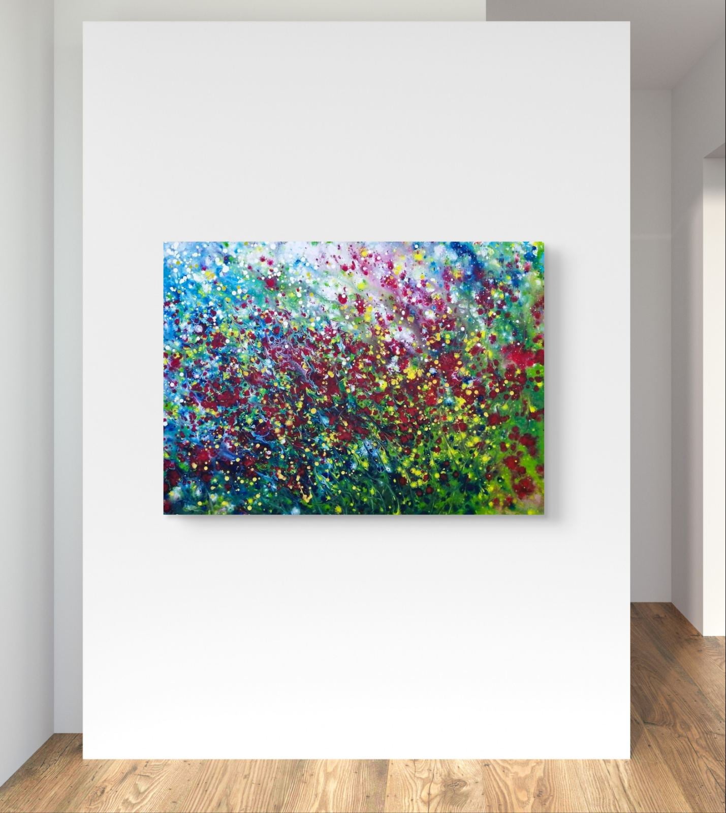 Wild Poppies Field original abstract landscape fluid acrylic painting with vibrant red flowers and green meadow tones by Diana Dimova TRAXI ART.