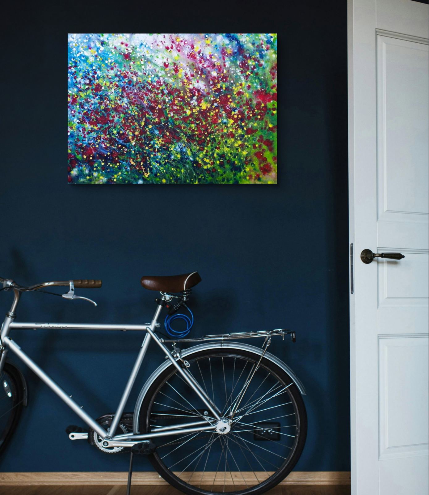 Wild Poppies Field original abstract landscape fluid acrylic painting with vibrant red flowers and green meadow tones by Diana Dimova TRAXI ART.