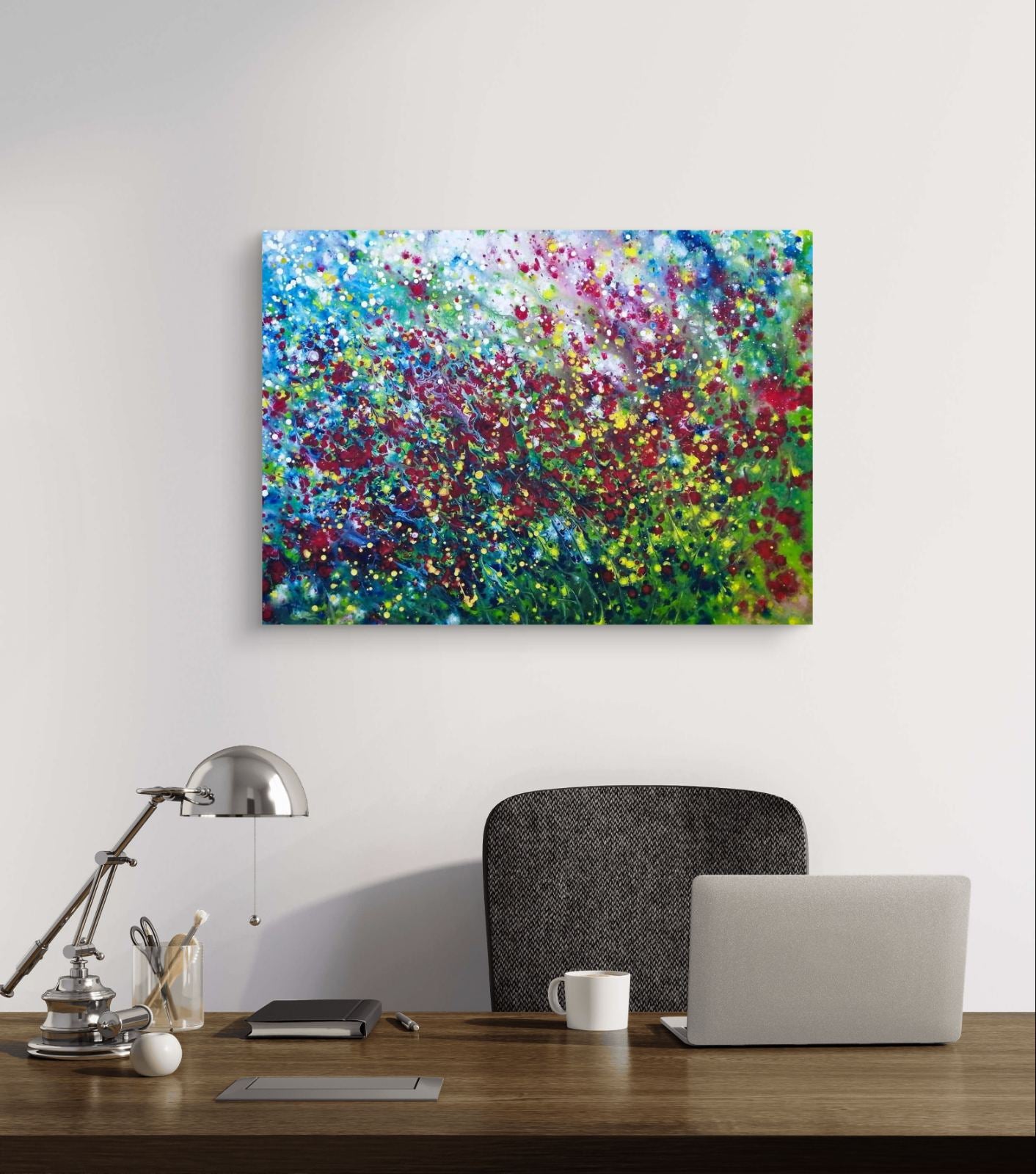 Wild Poppies Field original abstract landscape fluid acrylic painting with vibrant red flowers and green meadow tones by Diana Dimova TRAXI ART.