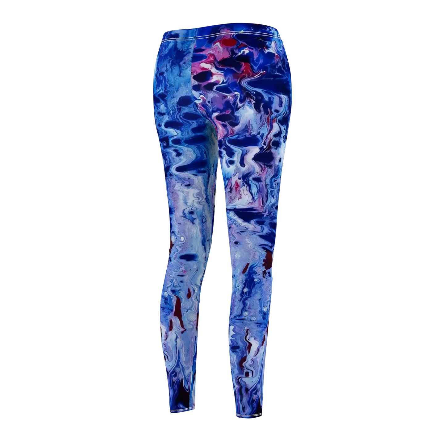 Women's blue ocean leggings of happiness featuring abstract wearable art inspired by underwater paintings by Diana Dimova TRAXI. Blue and purple abstract swirl print leggings shown on a white background.