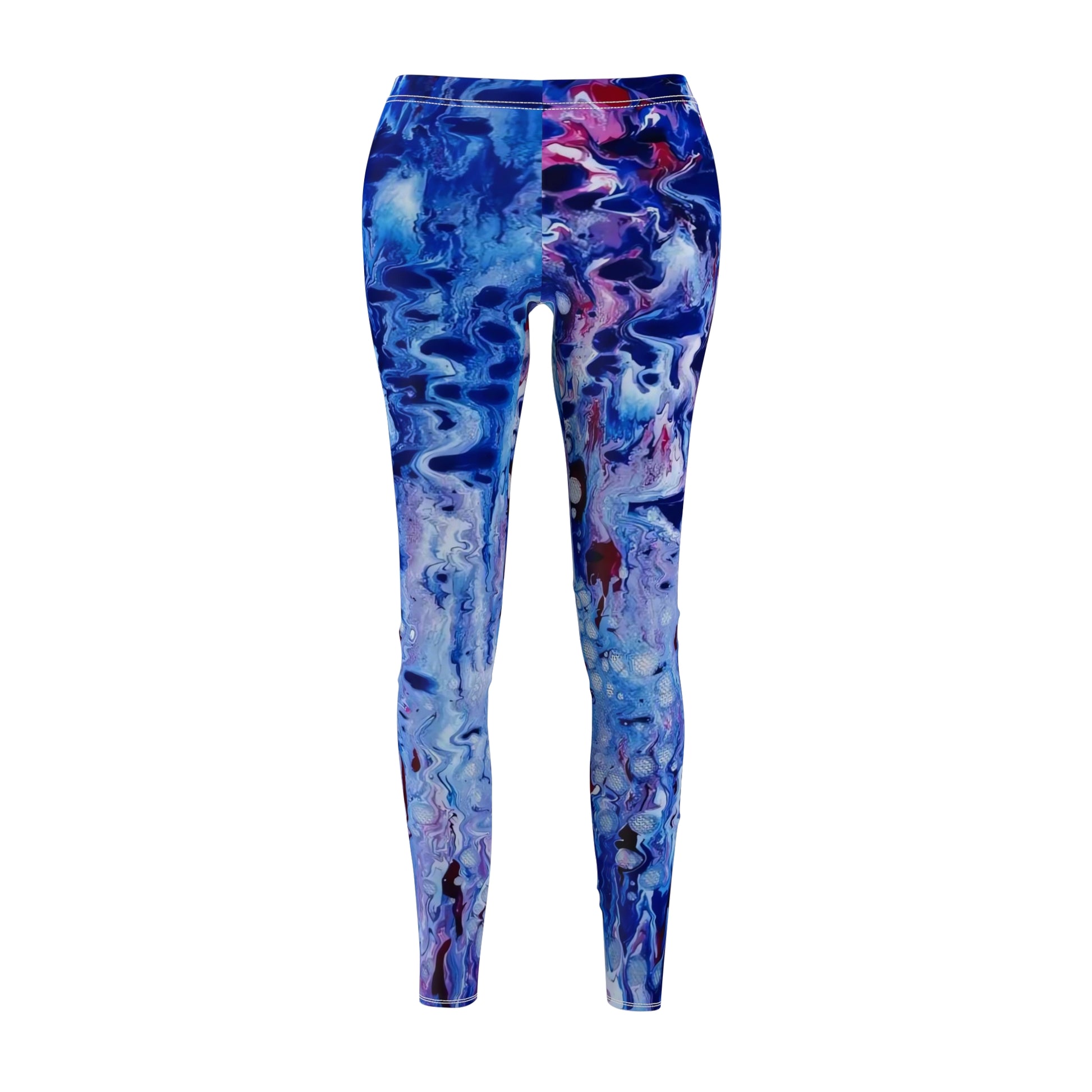 Women's blue ocean leggings of happiness featuring abstract wearable art inspired by underwater paintings by Diana Dimova TRAXI. Blue and purple abstract fluid marble print leggings shown on a ghost mannequin against a plain white background.